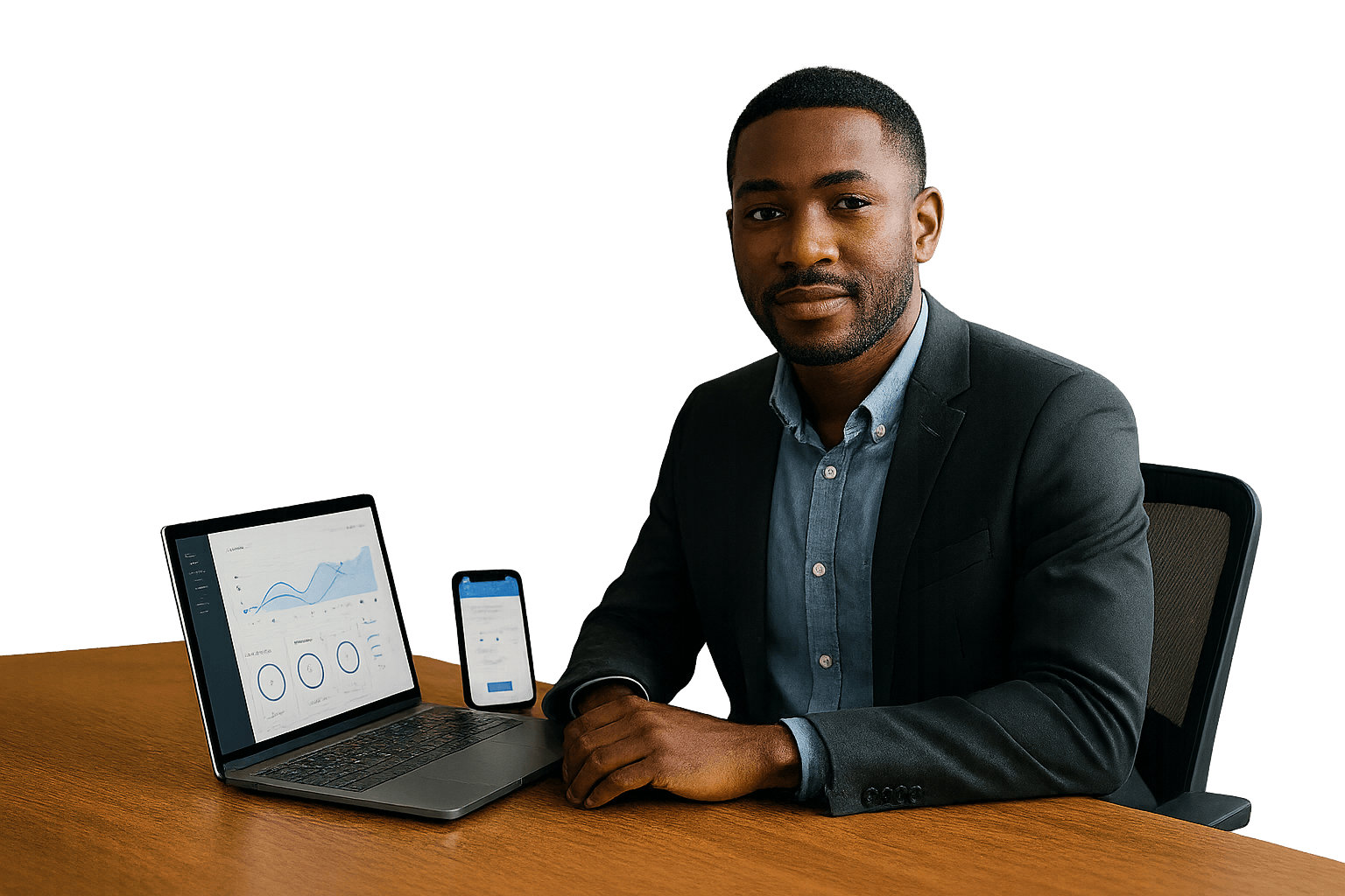 Product strategist reviewing analytics on laptop and phone